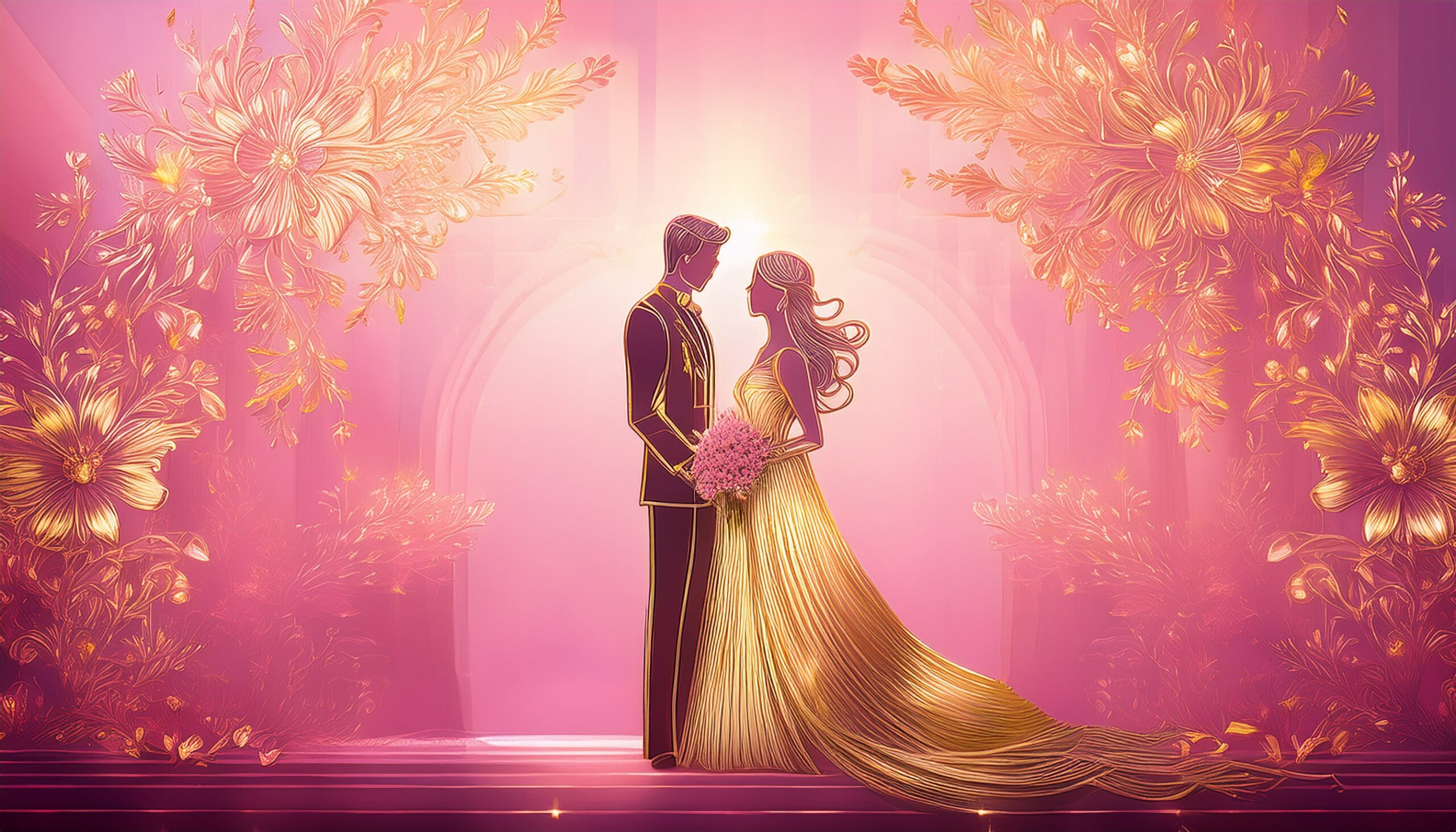 Firefly Shiny gold romantic wedding couple standing sketch, Pink background with various florets pat (8)