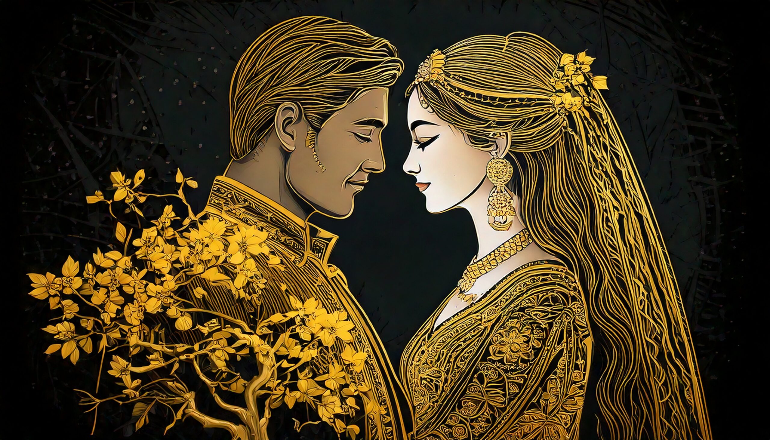 Firefly Side view. Shiny gold romantic wedding couple. Dogwood tree, yellow flowers. Stylized Pen an (8)